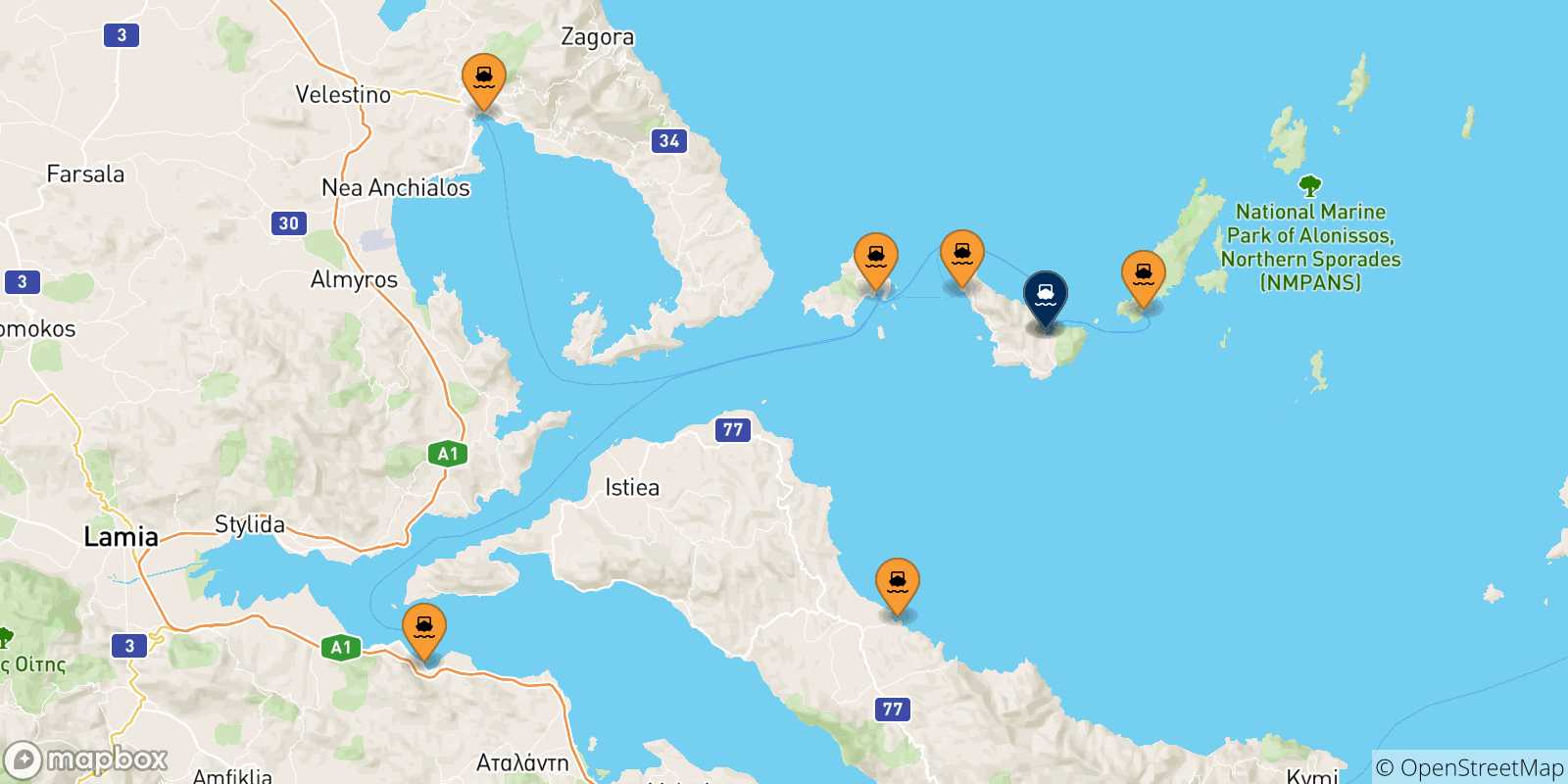Mappa delle possibili rotte tra la Grecia e Glossa (Skopelos)
