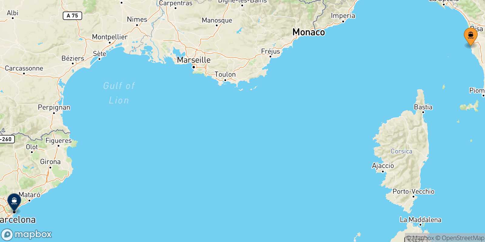 Mappa della rotta Livorno Barcellona
