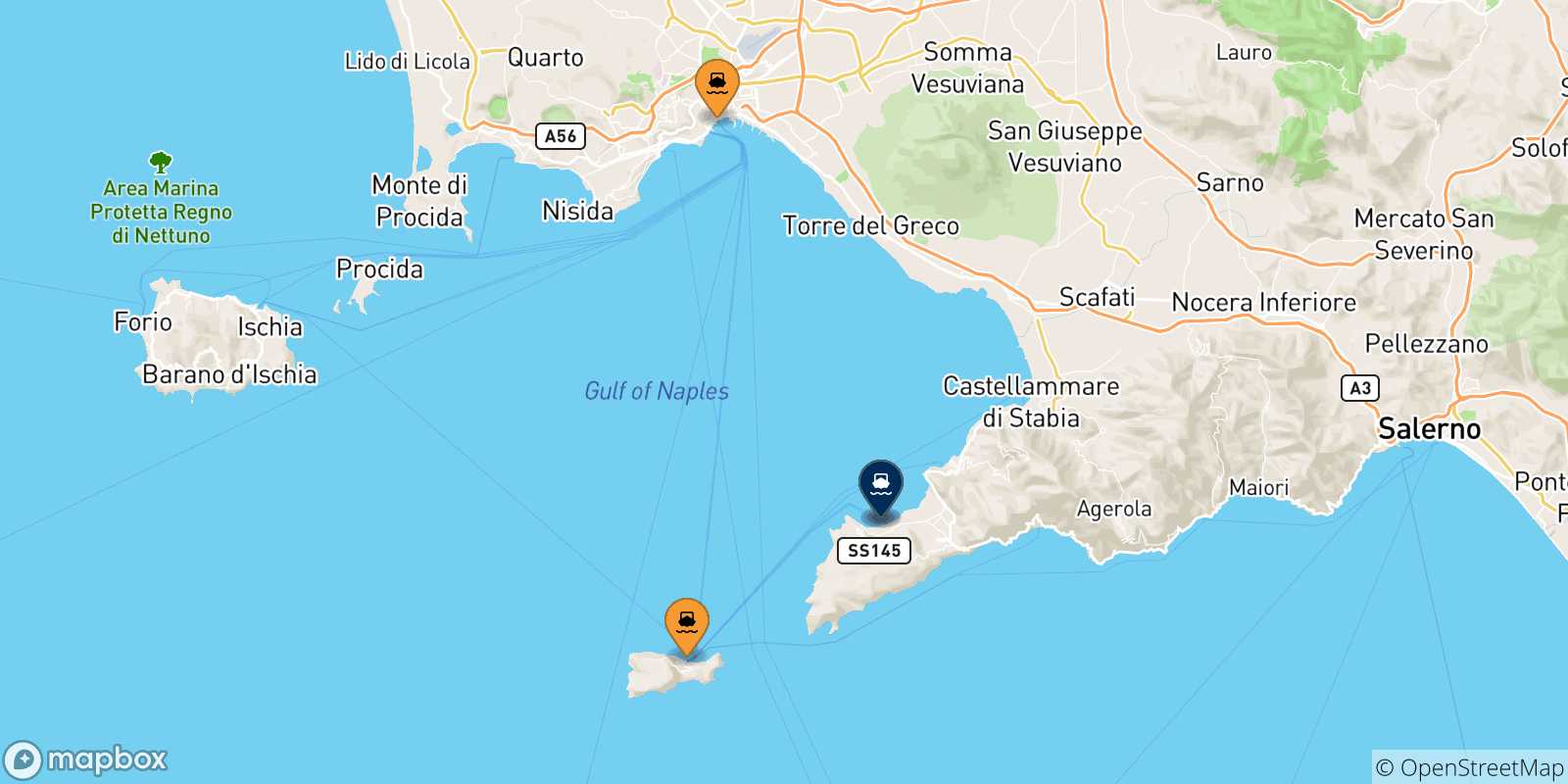 Mappa delle possibili rotte tra l'Italia e Castellammare