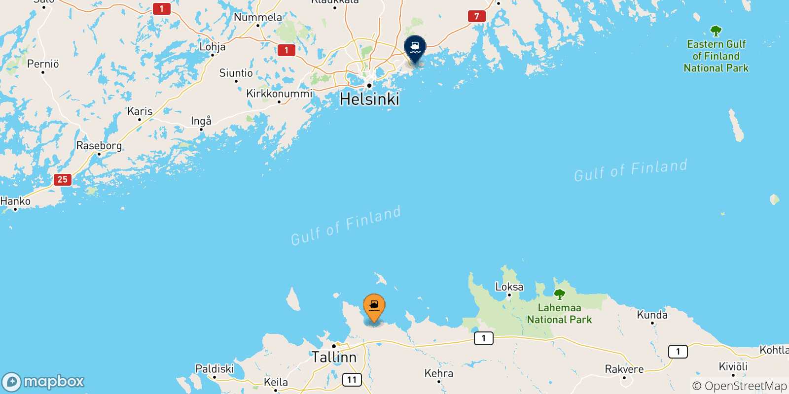 Mappa delle possibili rotte tra l'Estonia e Vuosaari