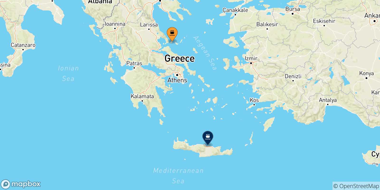 Mappa delle possibili rotte tra Skiathos e Creta