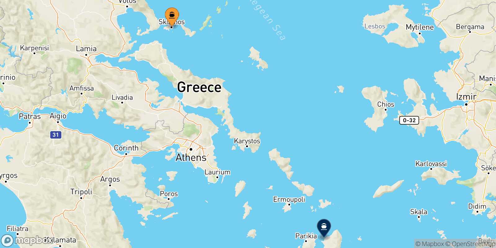 Mappa della rotta Skiathos Naxos