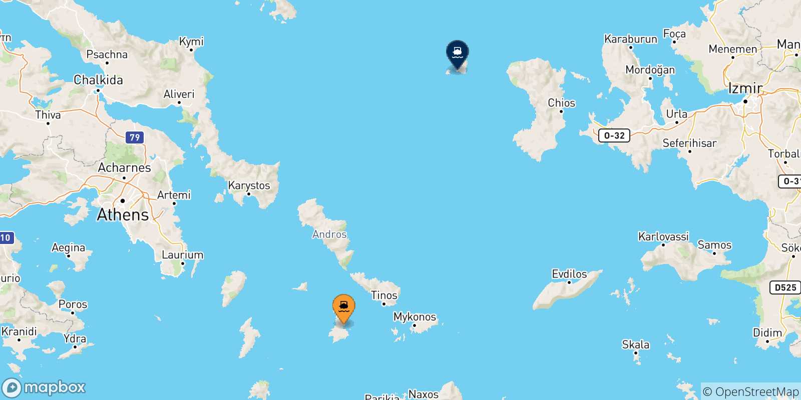 Mappa delle possibili rotte tra le Isole Cicladi e Psara