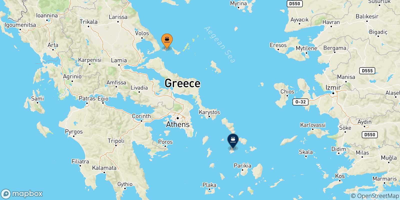 Mappa delle possibili rotte tra le Isole Sporadi e Syros