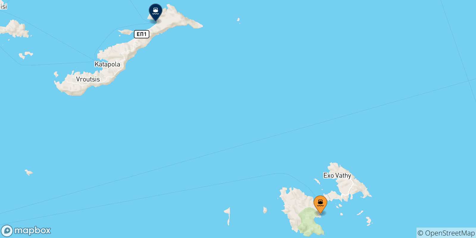 Mappa delle possibili rotte tra le Isole Dodecaneso e Aegiali (Amorgos)
