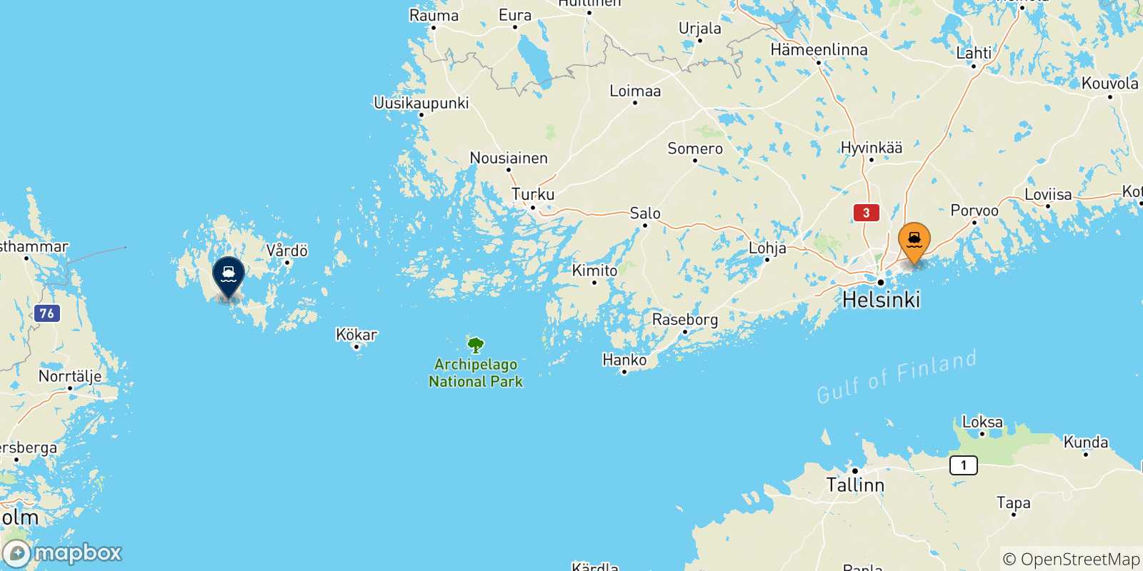 Mappa delle possibili rotte tra Helsinki e le Isole Aland