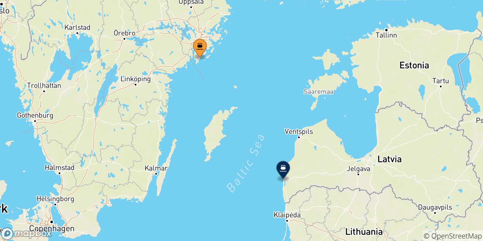Mappa delle possibili rotte tra la Svezia e Liepaja