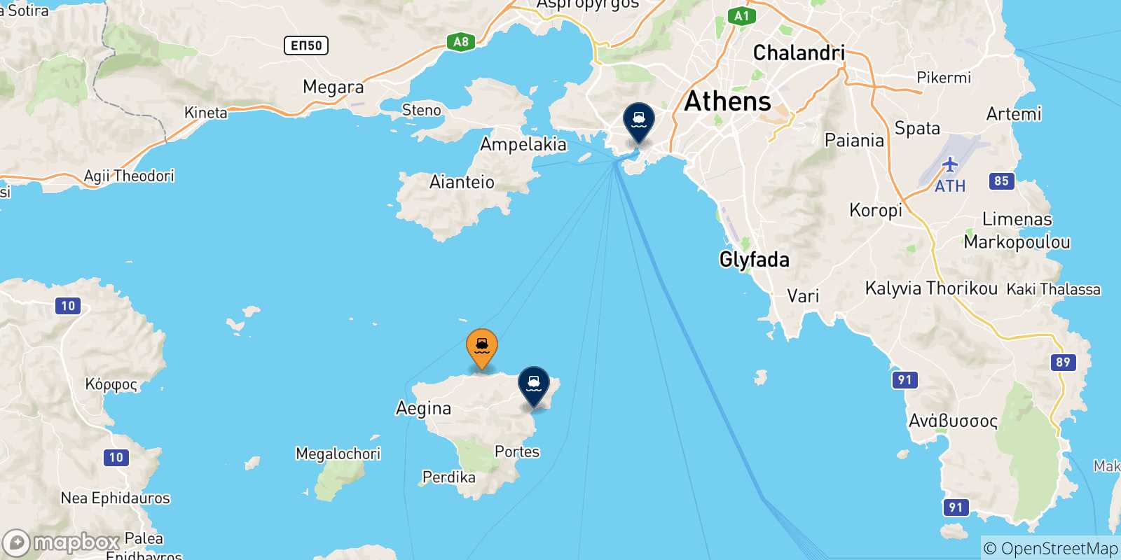 Mappa delle possibili rotte tra Souvala (Aegina) e la Grecia