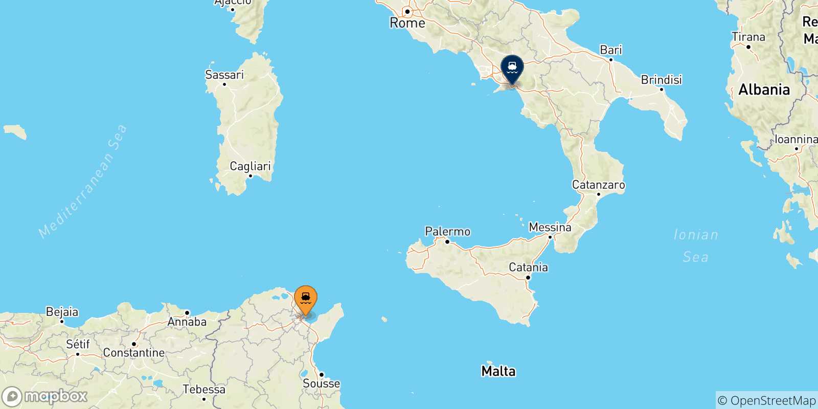 Mappa delle possibili rotte tra la Tunisia e Salerno