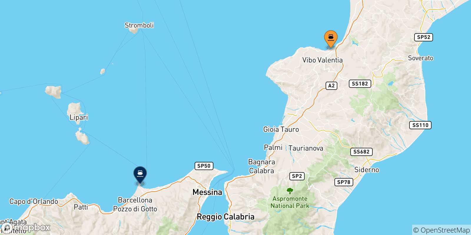 Mappa delle possibili rotte tra Vibo Valentia e la Sicilia
