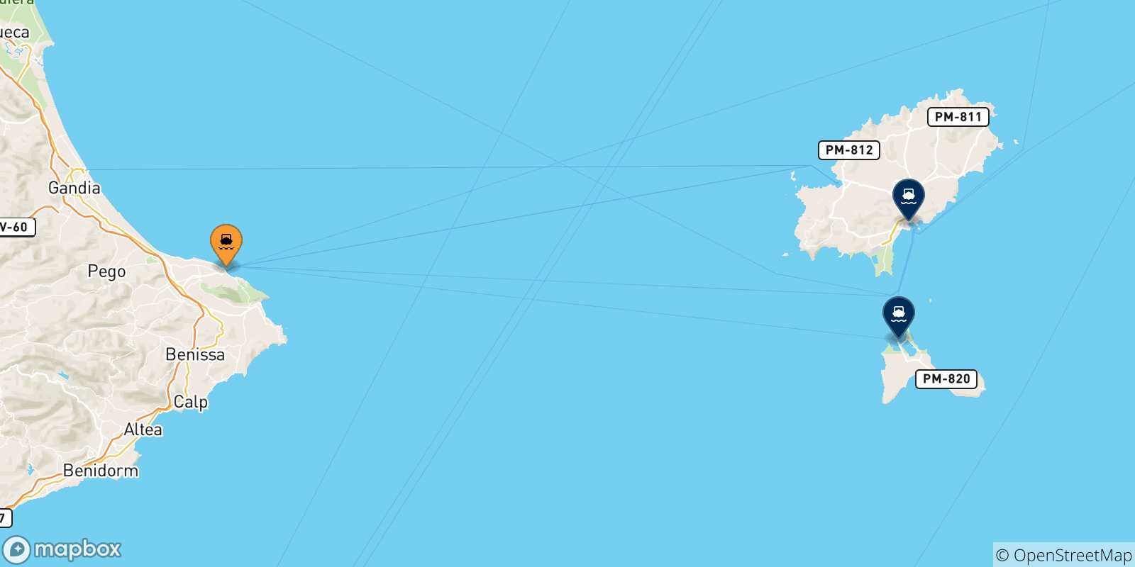 Mappa delle possibili rotte tra Denia e le Isole Baleari