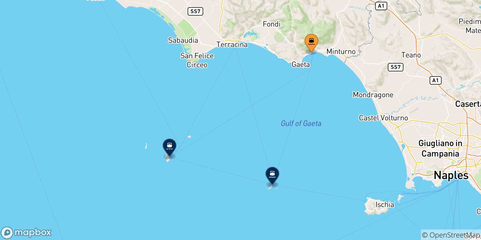 Mappa delle possibili rotte tra Formia e le Isole Pontine
