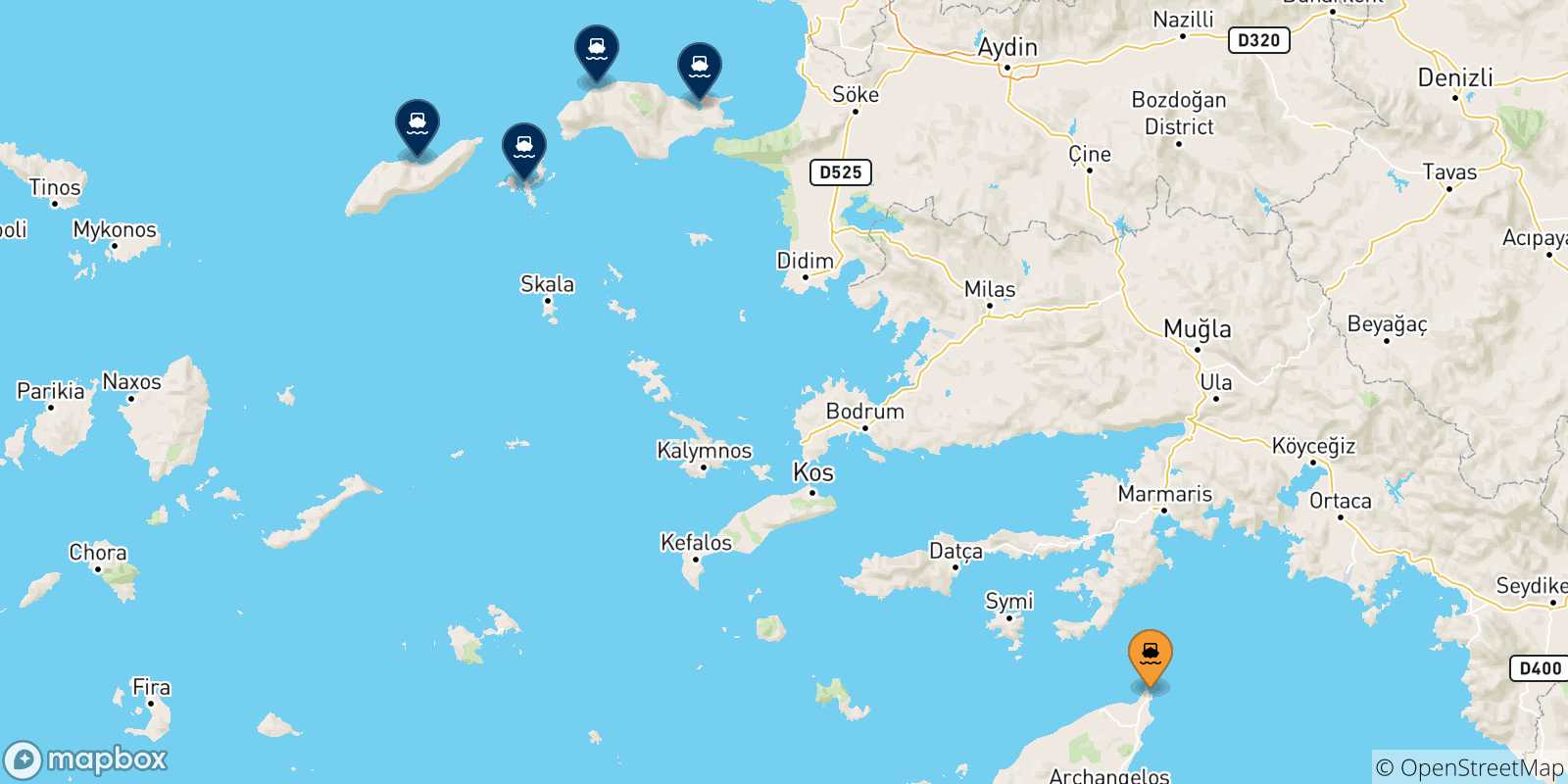 Mappa delle possibili rotte tra Rodi e le Isole Egeo Nord Orientale