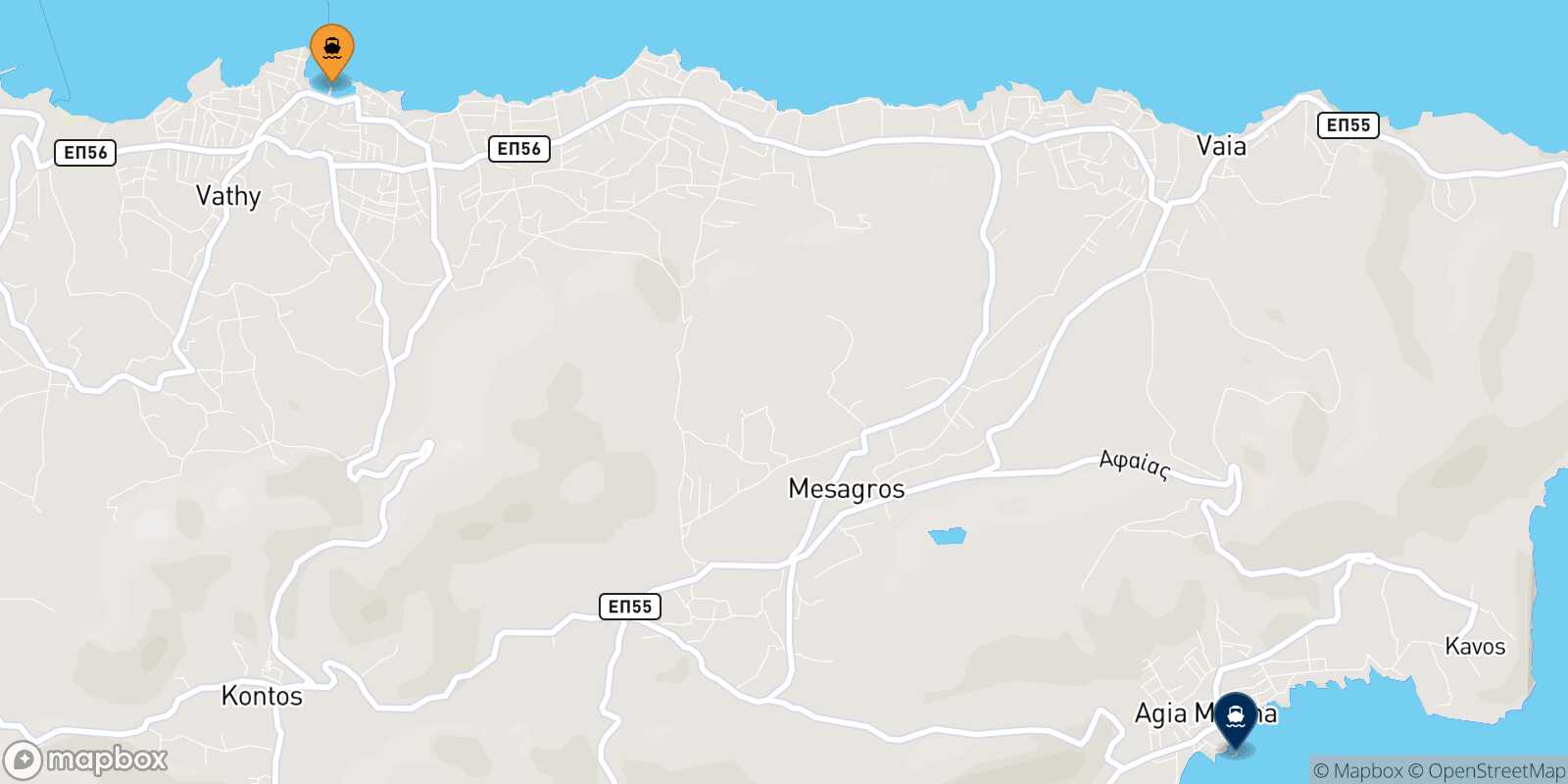 Mappa delle destinazioni raggiungibili da Souvala (Aegina)