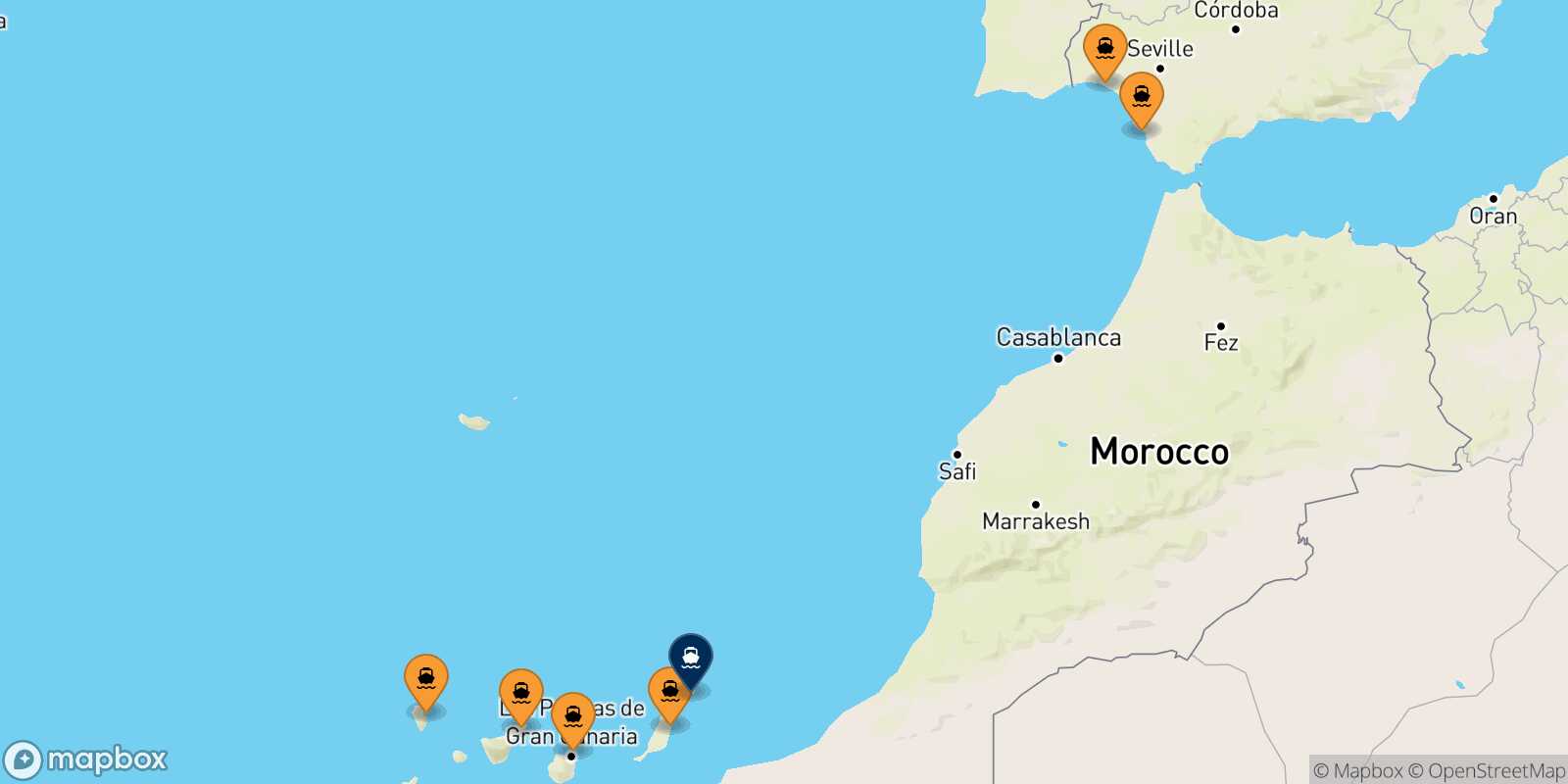 Mappa dei porti collegati con  Arrecife (Lanzarote)