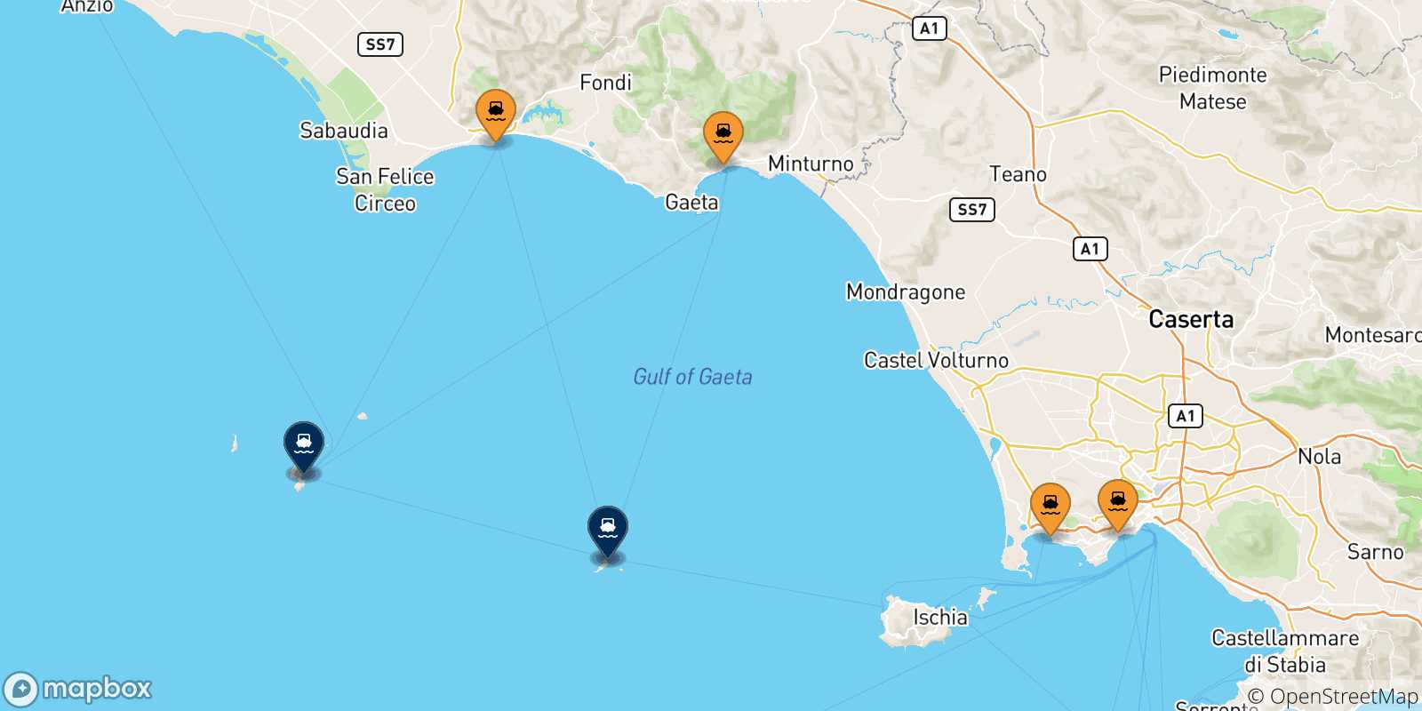 Mappa delle possibili rotte tra l'Italia e le Isole Pontine