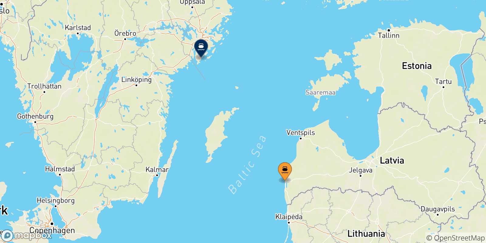 Mappa delle possibili rotte tra Liepaja e la Svezia