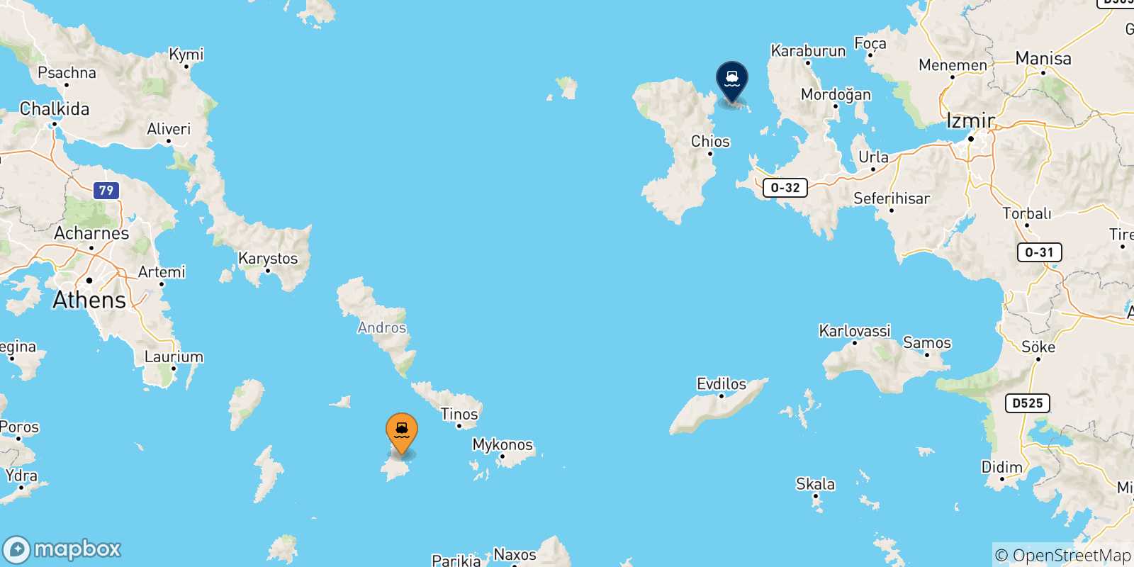 Mappa delle possibili rotte tra le Isole Cicladi e Inousses