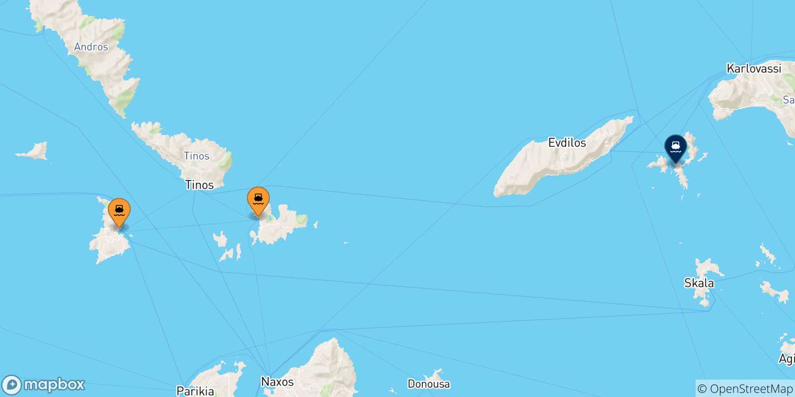 Mappa delle possibili rotte tra le Isole Cicladi e Fourni