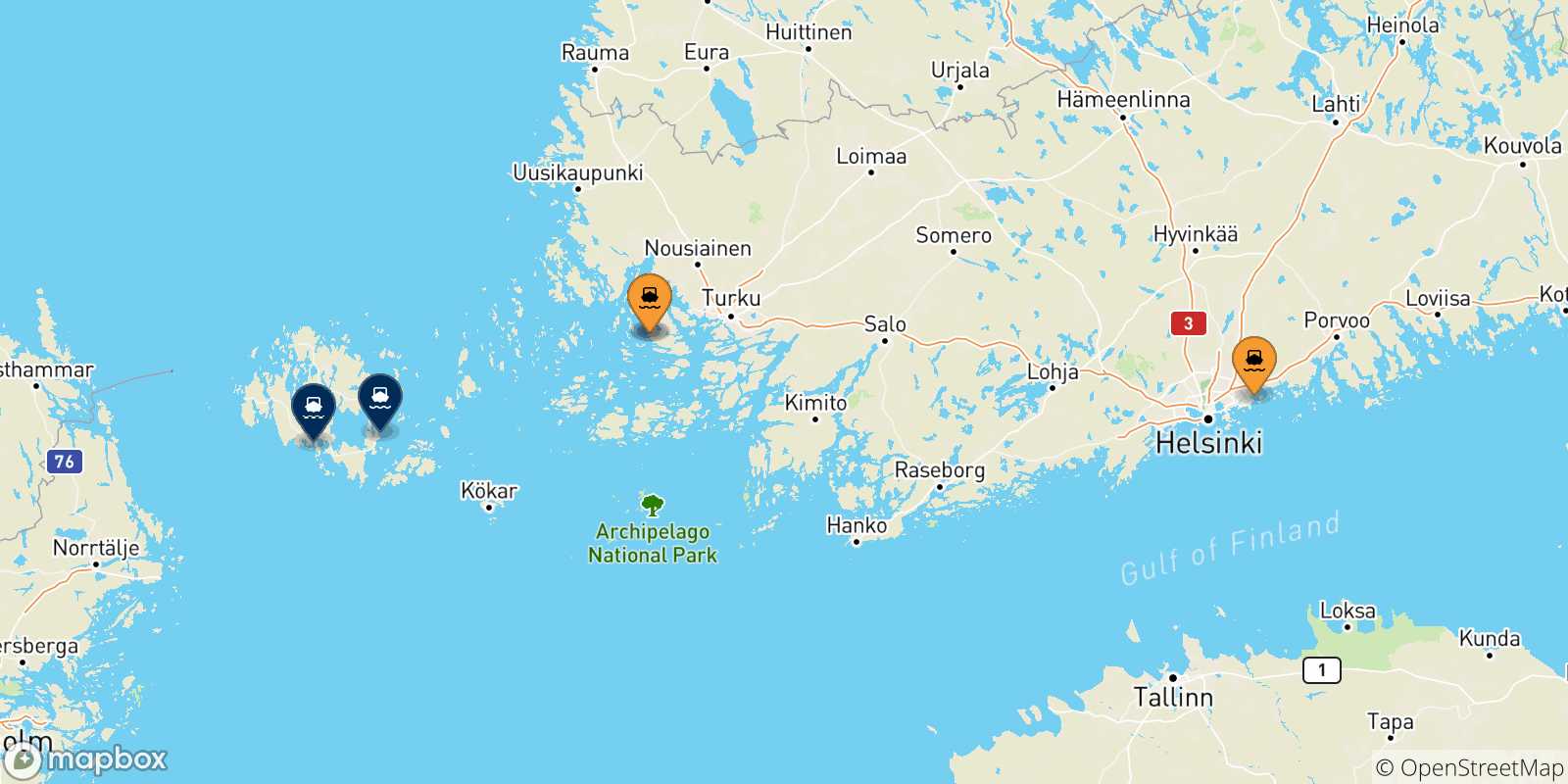 Mappa delle possibili rotte tra la Finlandia e le Isole Aland