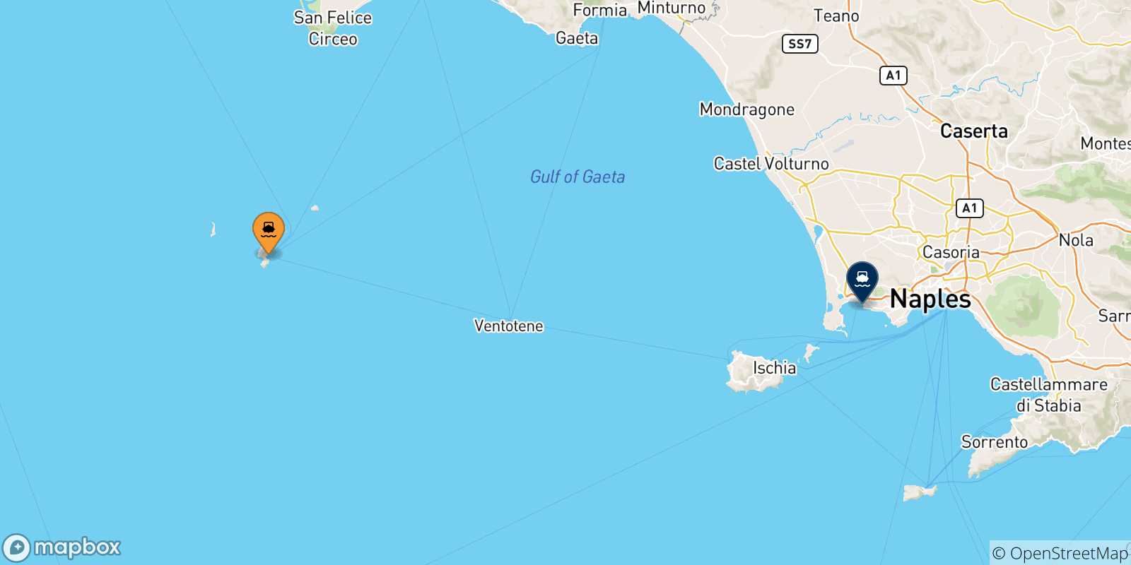Mappa delle possibili rotte tra Ponza e il Golfo Di Napoli