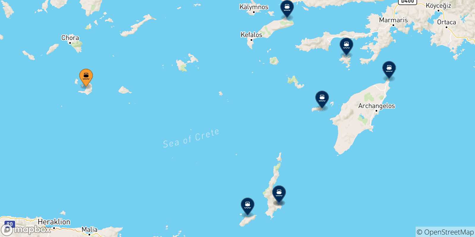Mappa delle possibili rotte tra Santorini e le Isole Dodecaneso