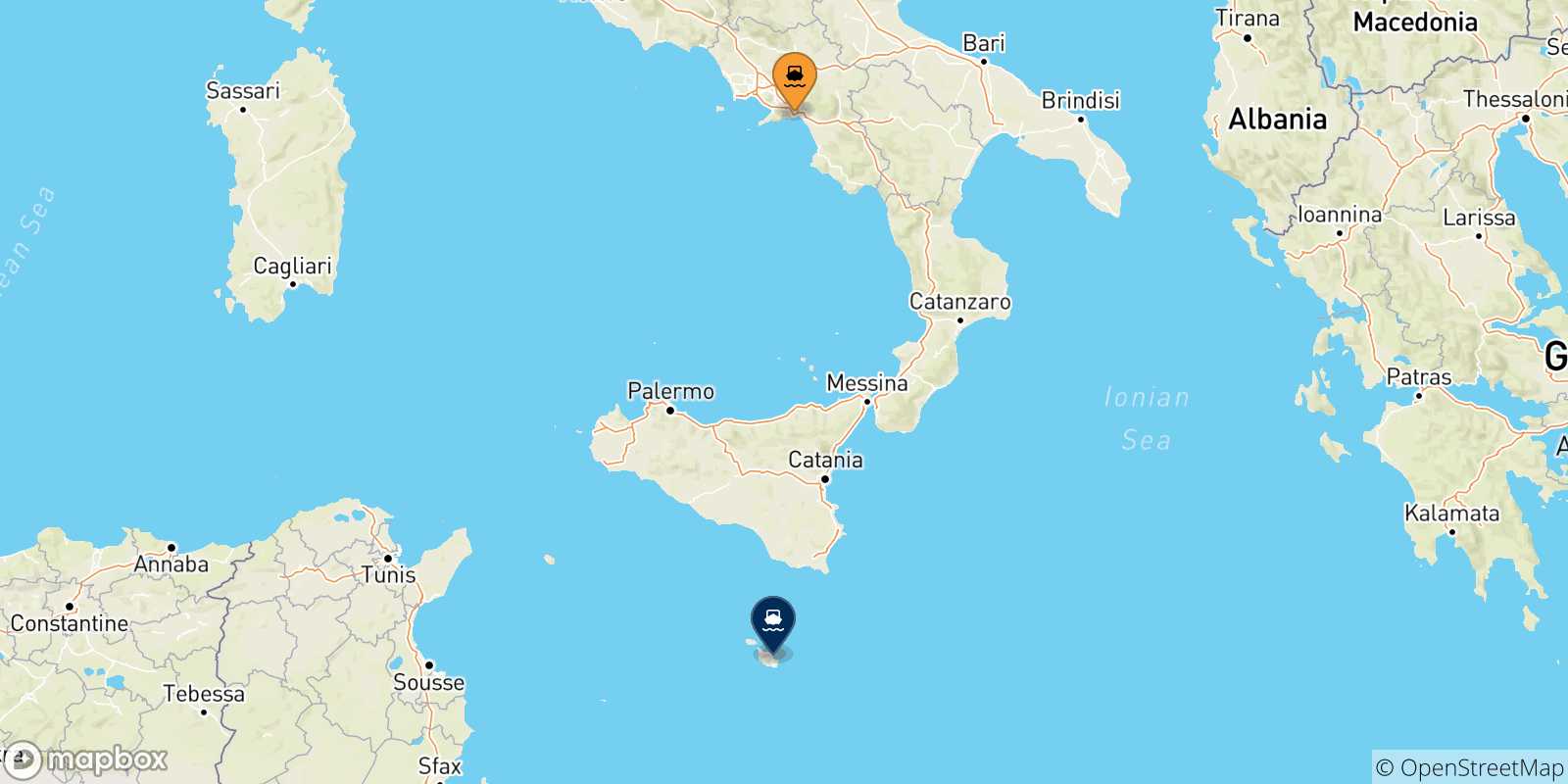 Mappa delle possibili rotte tra Salerno e Malta