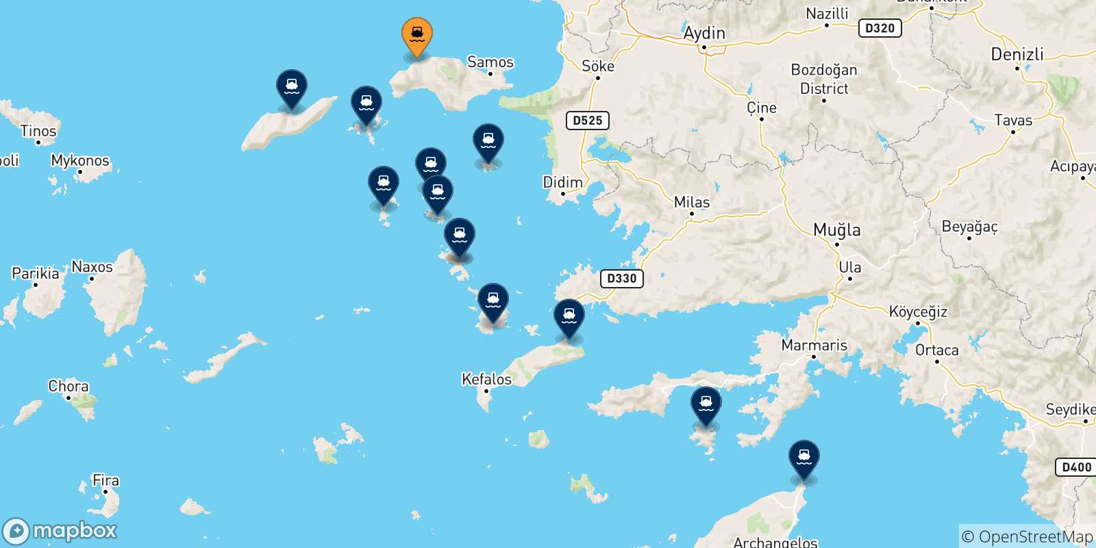 Mappa delle possibili rotte tra Pythagorio (Samos) e la Grecia