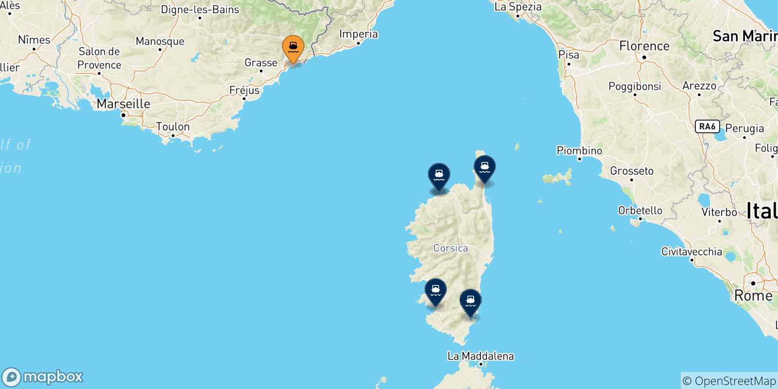 Mappa delle possibili rotte tra Nizza e la Corsica
