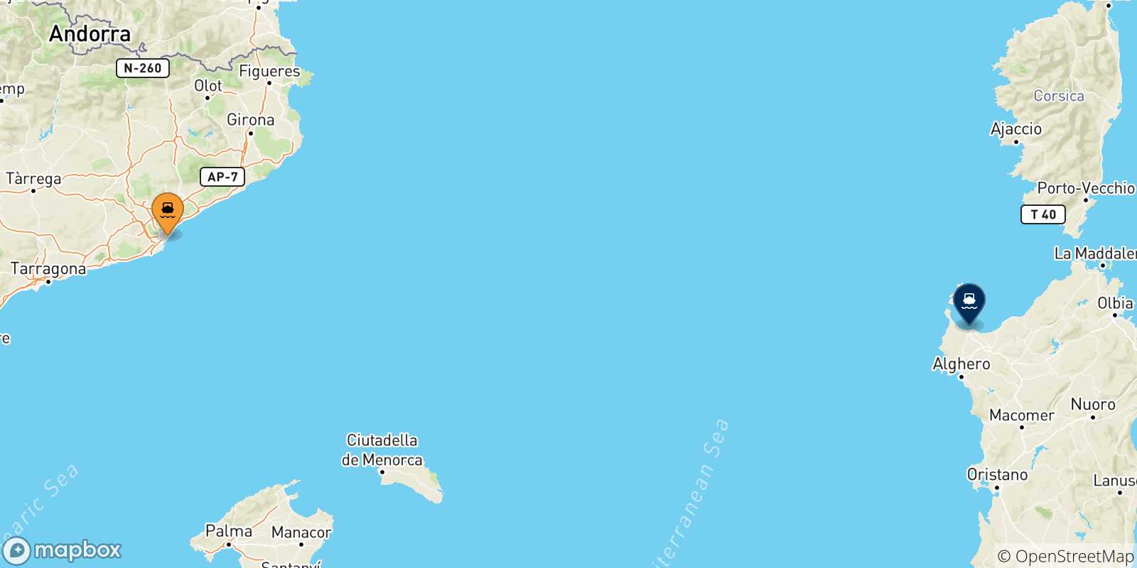 Mappa delle possibili rotte tra la Spagna e Porto Torres