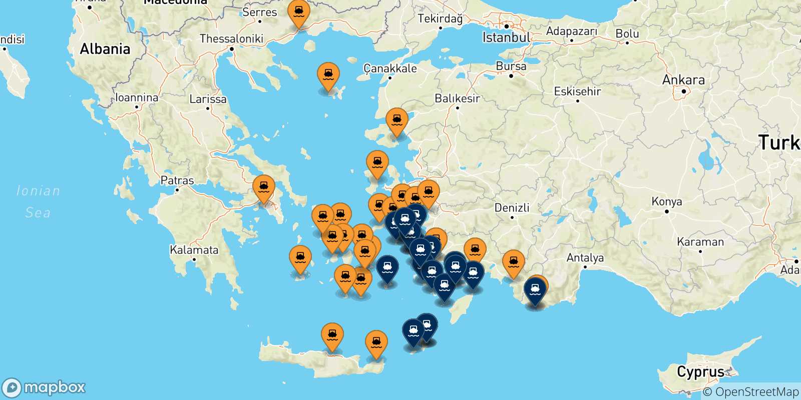 Mappa dei porti collegati con le Isole Dodecaneso