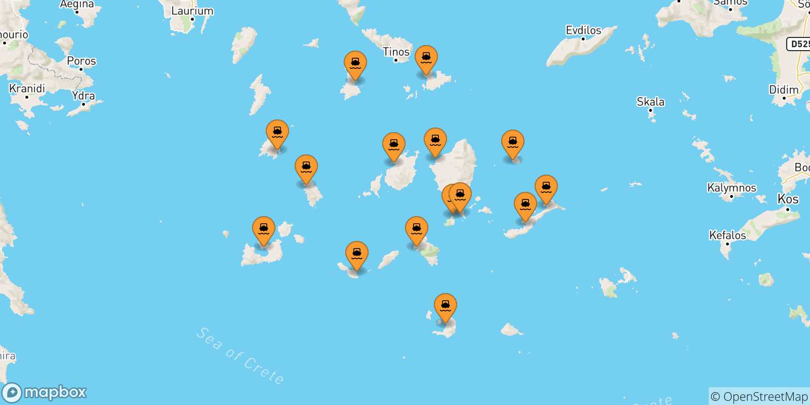 Mappa delle possibili rotte tra le Isole Cicladi e Koufonissi