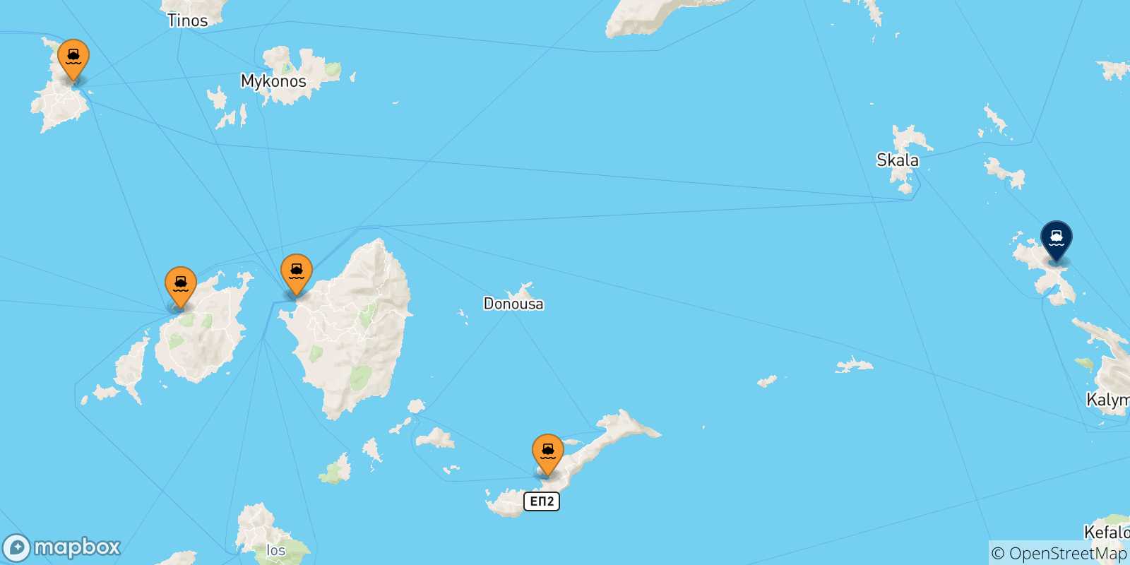 Mappa delle possibili rotte tra le Isole Cicladi e Leros