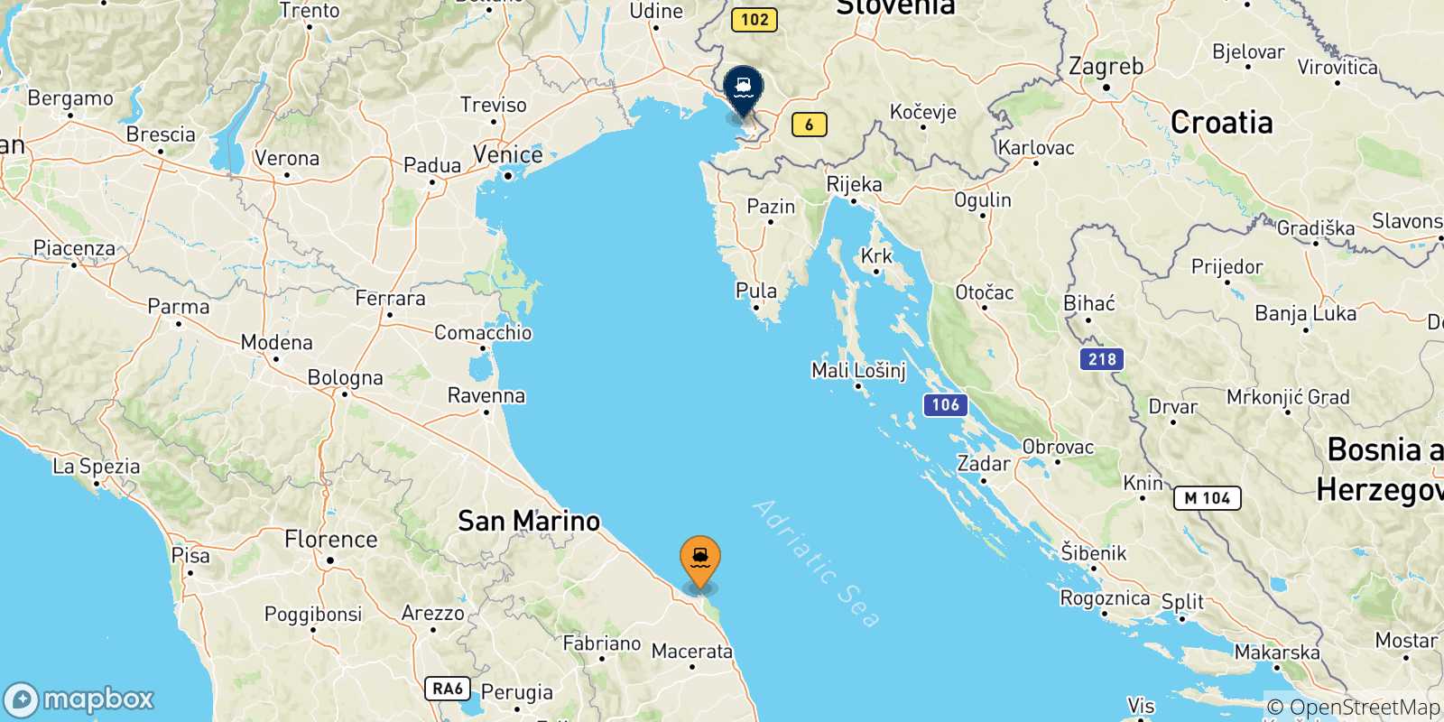Mappa delle possibili rotte tra l'Italia e Trieste
