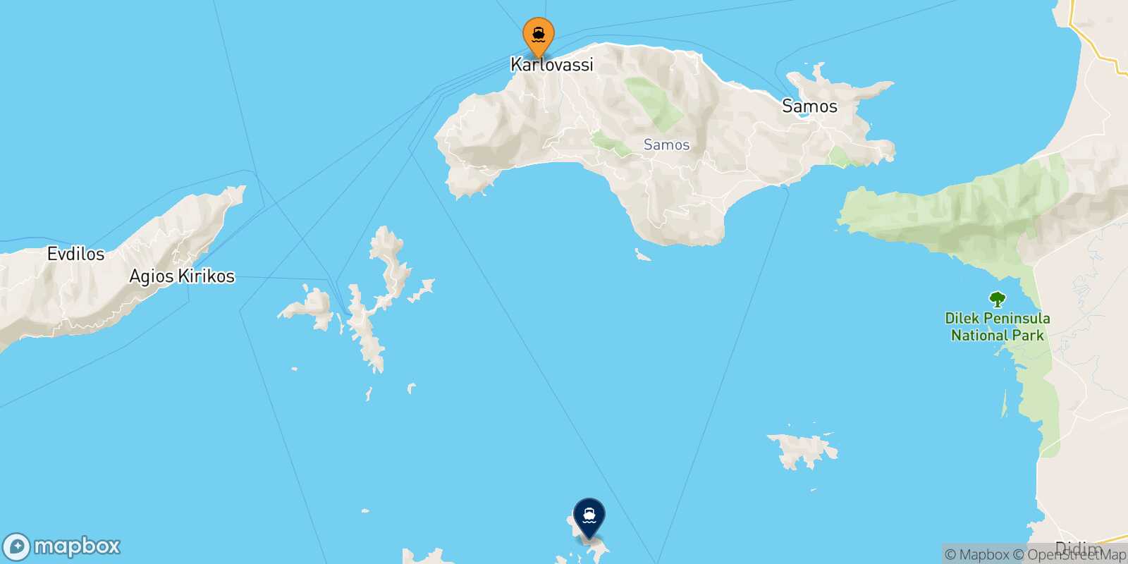 Mappa della rotta Pythagorio (Samos) Arkyi