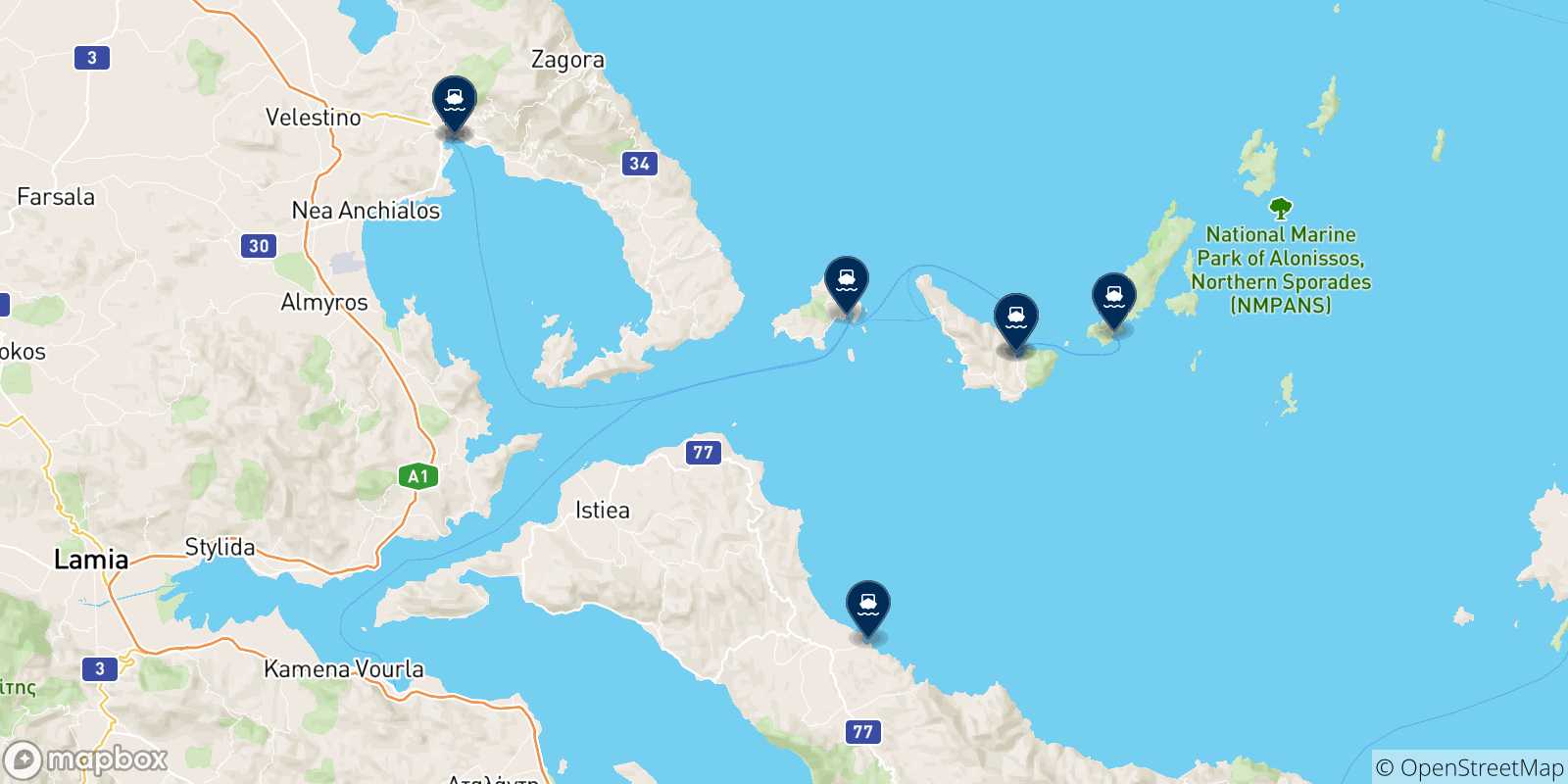 Mappa delle possibili rotte tra Volos e la Grecia