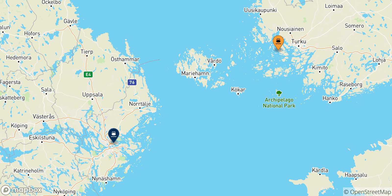 Mappa delle possibili rotte tra Turku e la Svezia