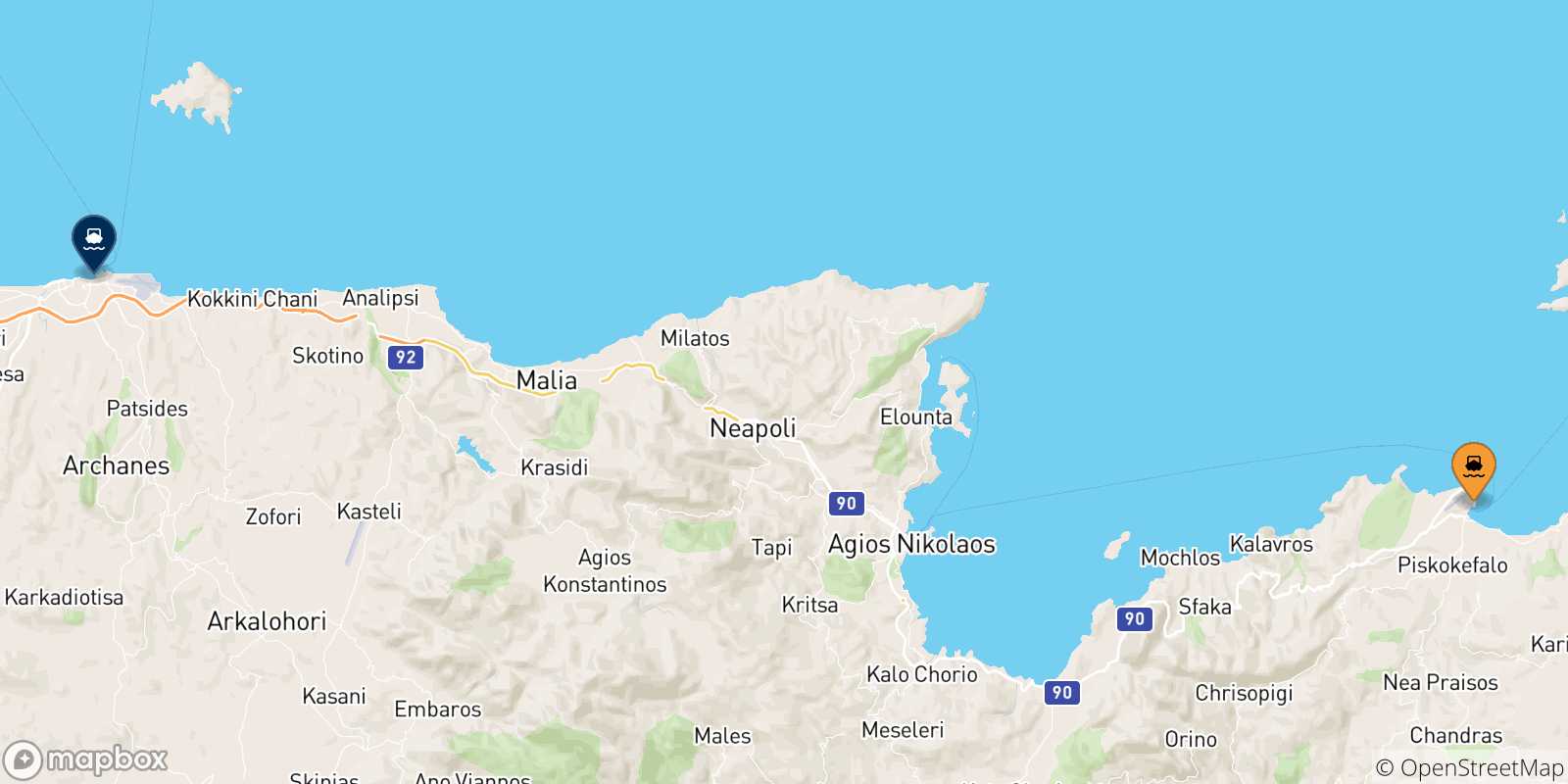 Mappa delle possibili rotte tra Sitia e Creta