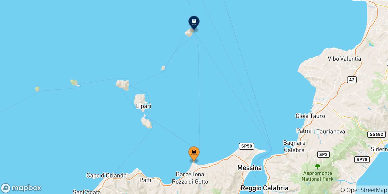 Mappa delle possibili rotte tra la Sicilia e Stromboli
