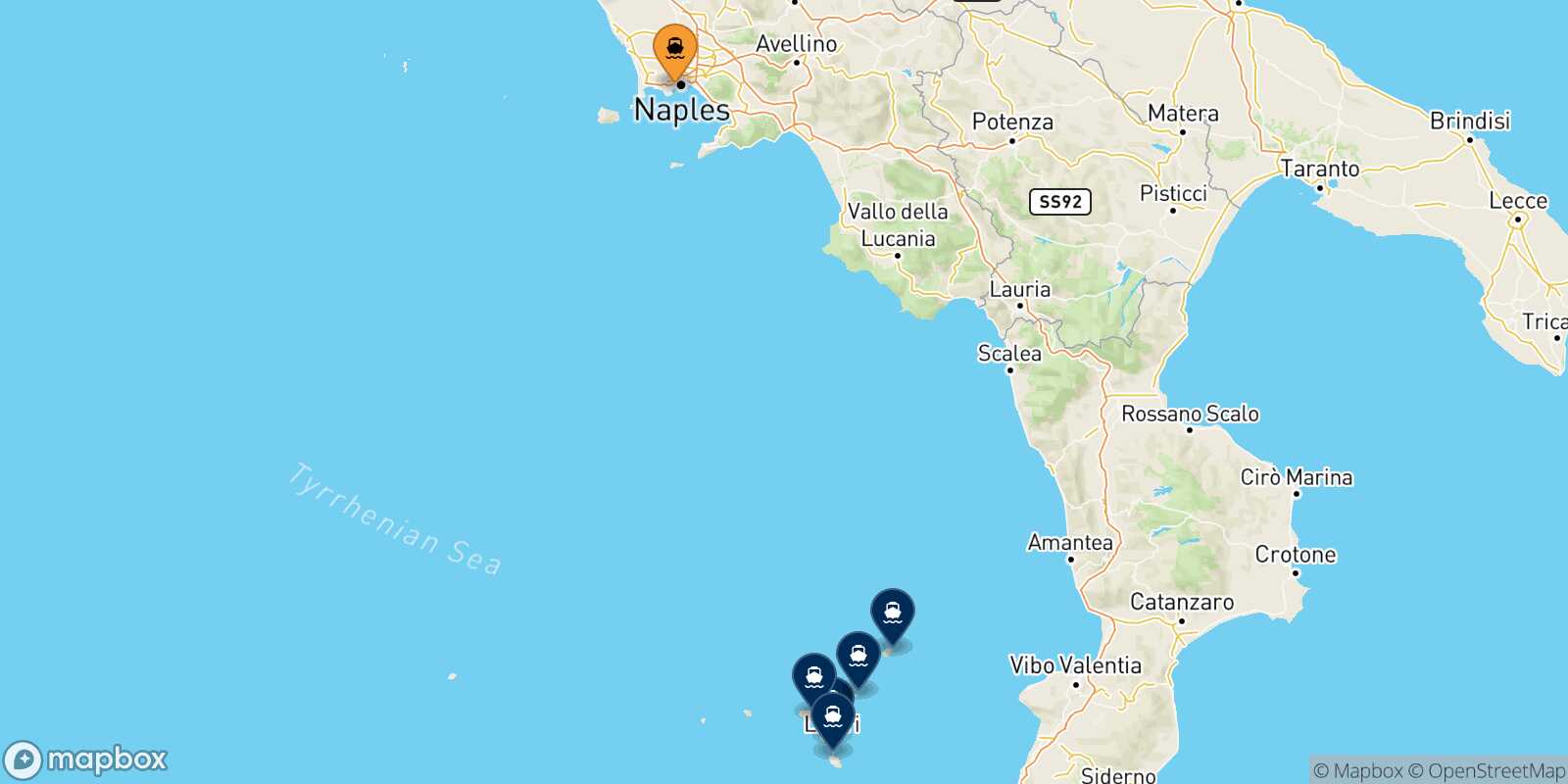 Mappa delle destinazioni raggiungibili da Napoli Mergellina