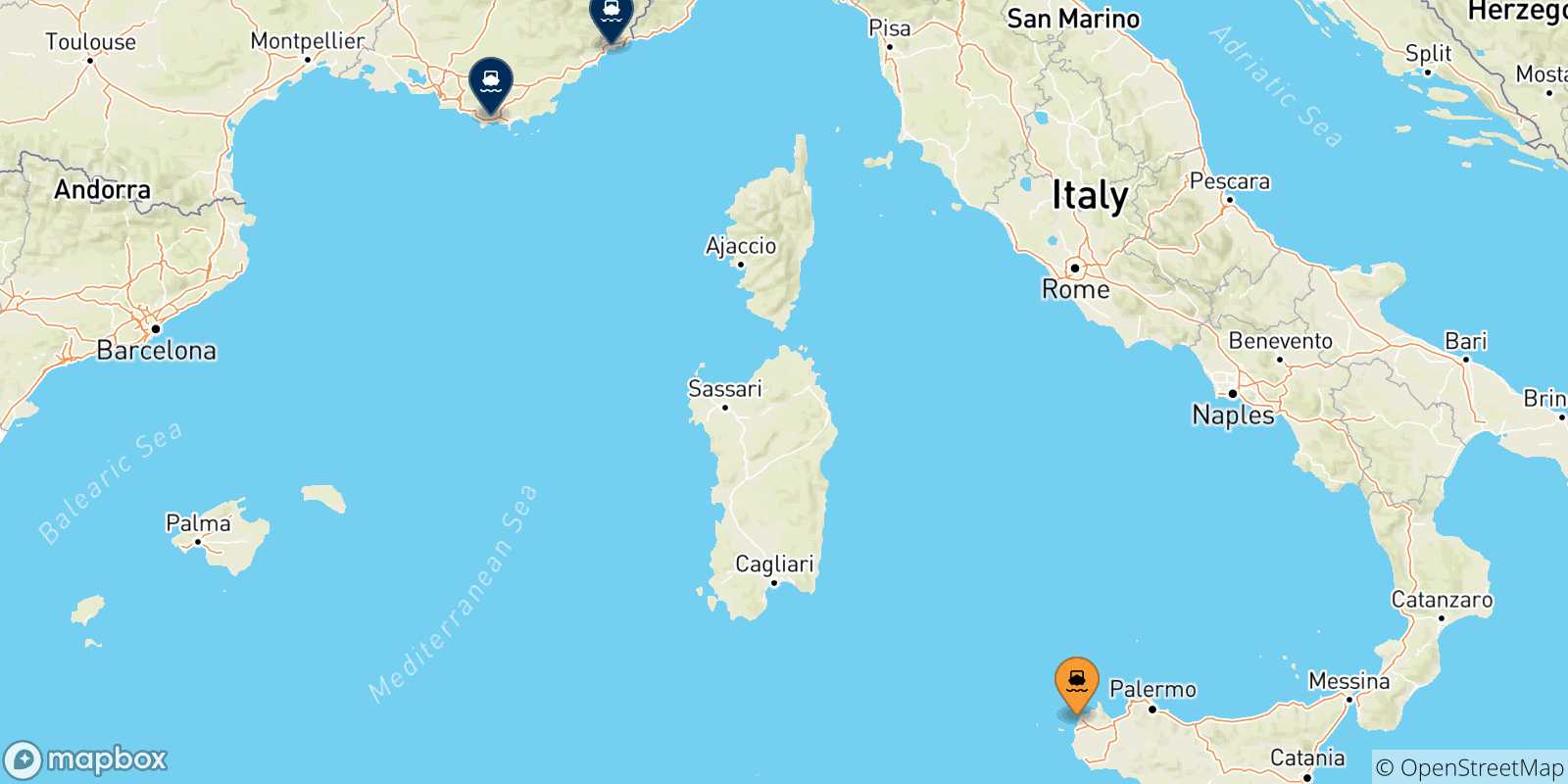 Mappa delle possibili rotte tra la Sicilia e la Francia