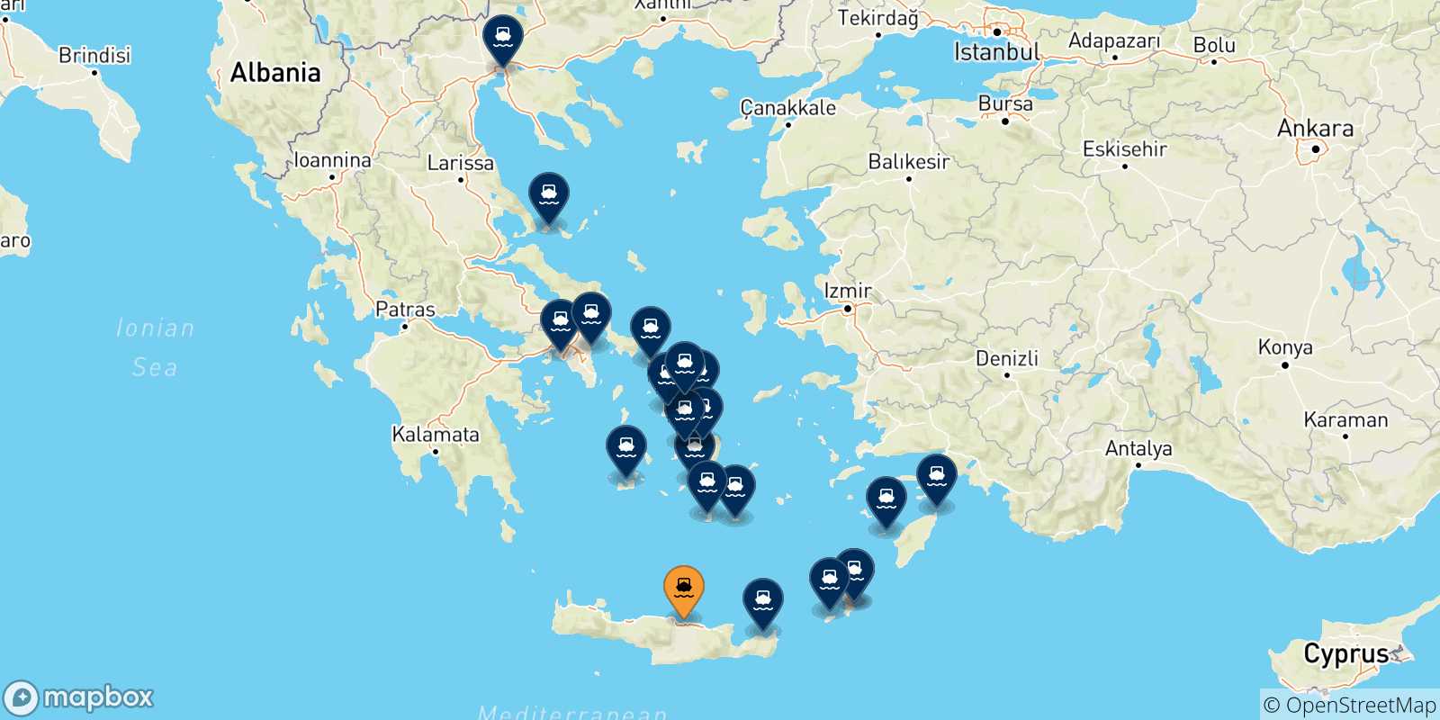 Mappa delle possibili rotte tra Heraklion e la Grecia