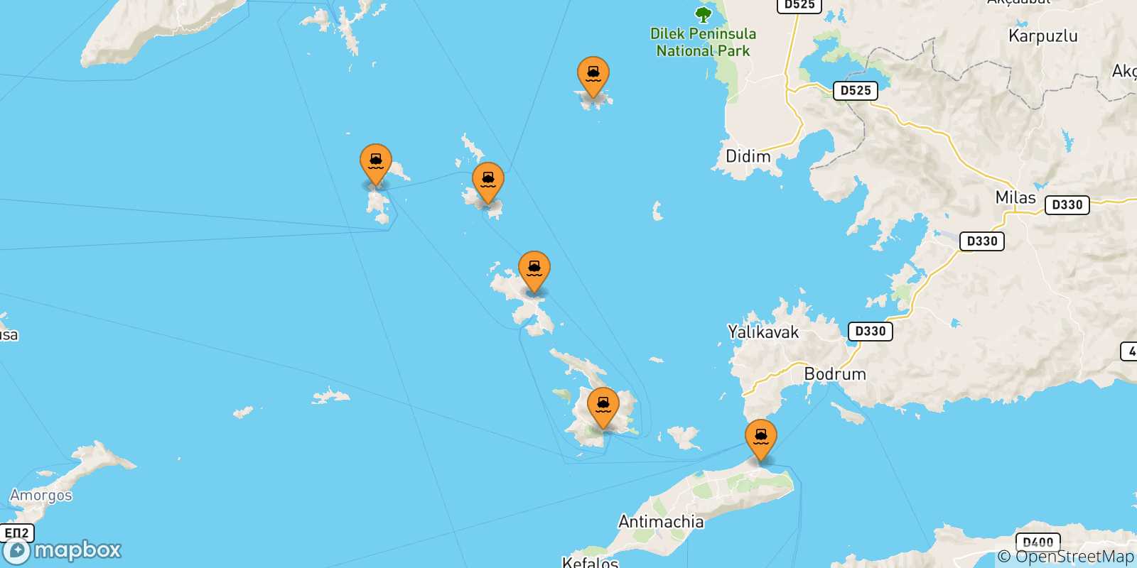 Mappa delle possibili rotte tra le Isole Dodecaneso e Arkyi