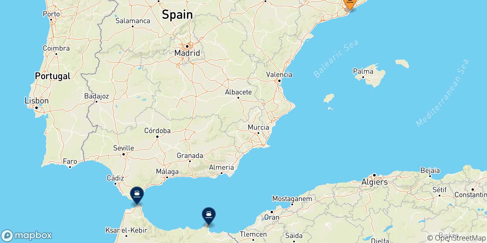 Mappa delle possibili rotte tra Barcellona e il Marocco