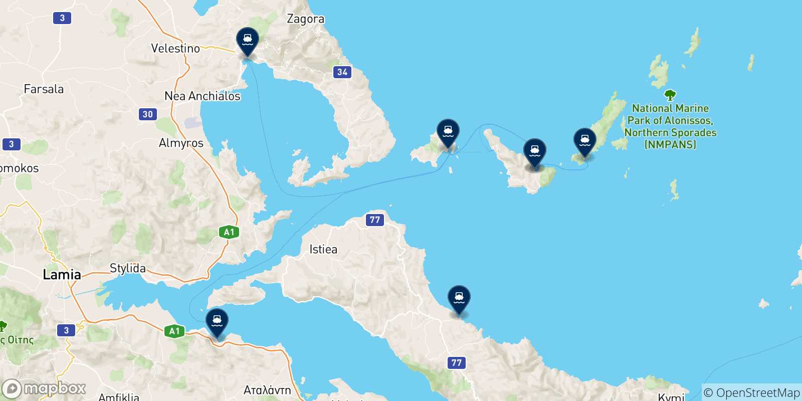 Mappa delle possibili rotte tra Glossa (Skopelos) e la Grecia