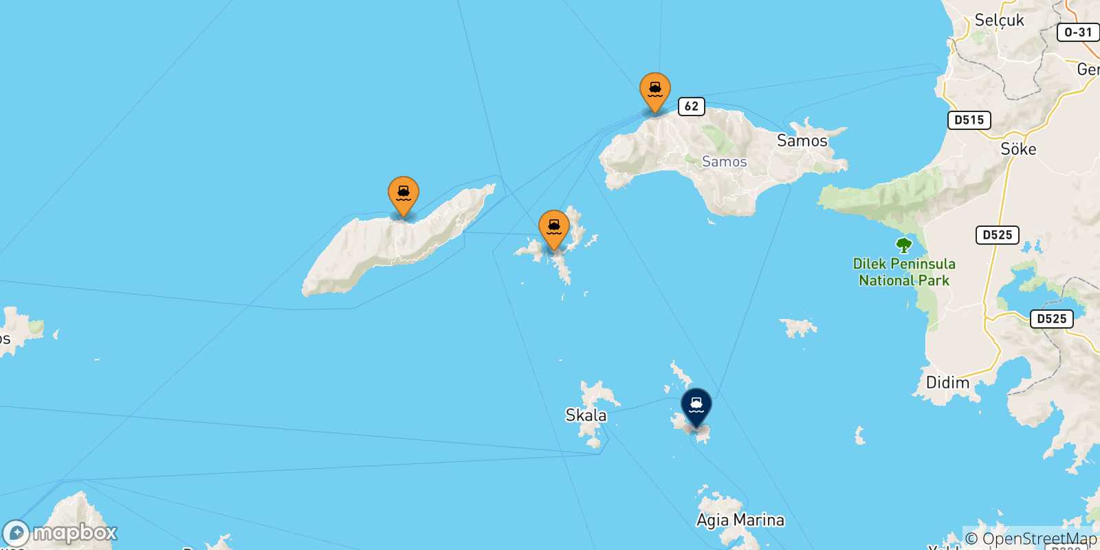 Mappa delle possibili rotte tra le Isole Egeo Nord Orientale e Lipsi