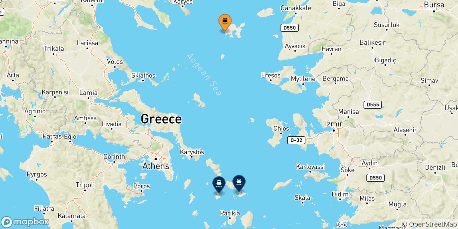 Mappa delle possibili rotte tra Mirina (Limnos) e le Isole Cicladi