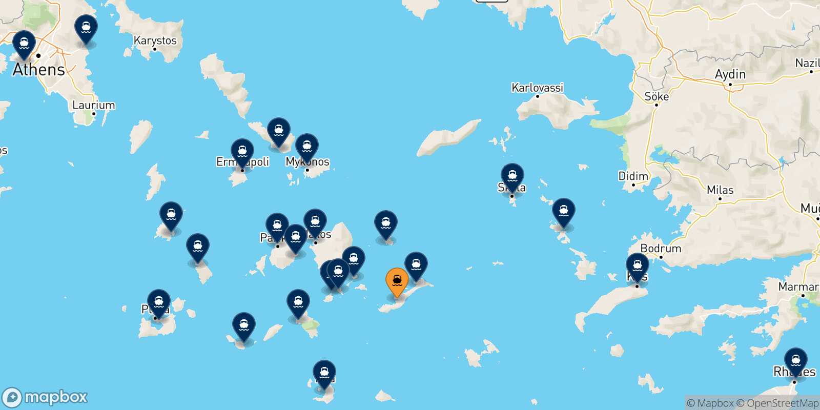 Mappa delle destinazioni raggiungibili da Katapola (Amorgos)