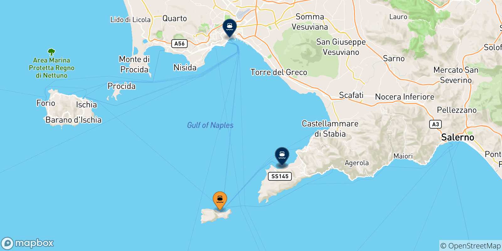 Mappa delle possibili rotte tra Capri e l'Italia
