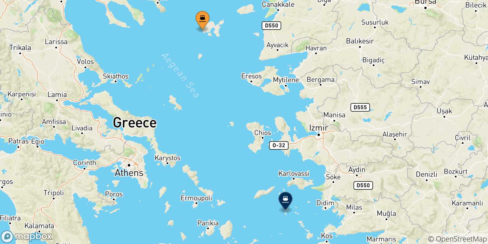 Mappa delle possibili rotte tra Mirina (Limnos) e le Isole Dodecaneso